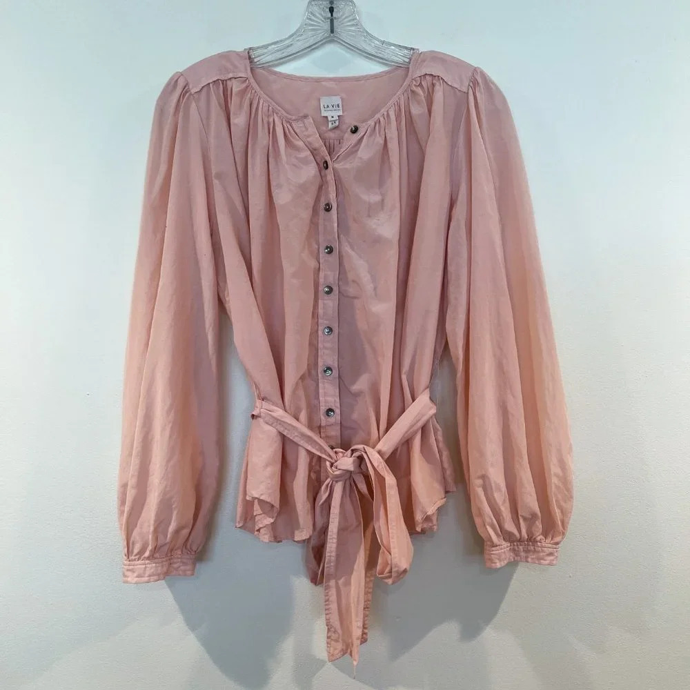 La Vie Rebecca Taylor Pink Silk Blend Balloon Sleeve Bow Button Down Blouse M - Picture 2 of 8